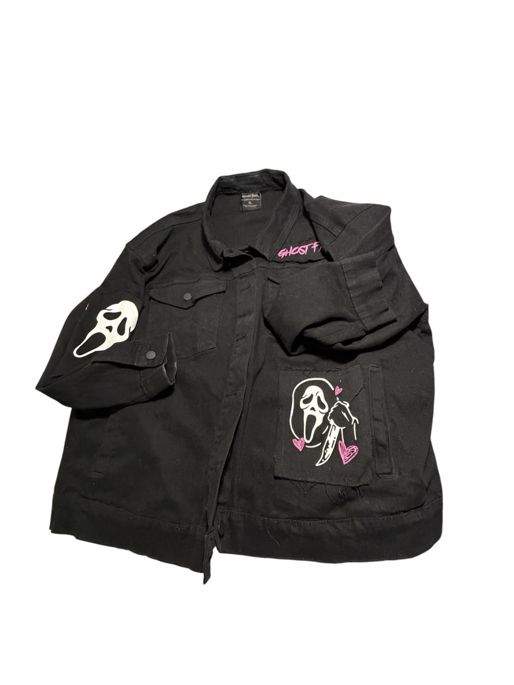 Ghost Face Black Graphic Denim Jacket with Pink Accents Sz XL